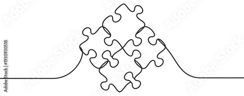 Four puzzle pieces connected by a single continuous line representing unity and collaboration in problem-solving.
