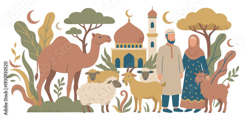 Muslim family, mosque, camel, sheep, and goats are gathered together in a vibrant illustration depicting Eid al-Adha traditions and community celebration.