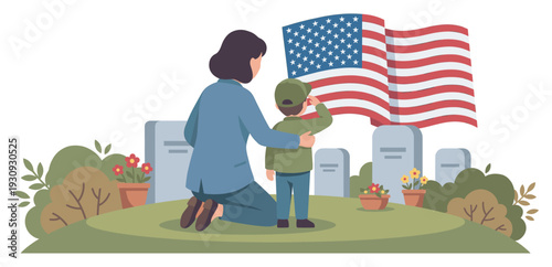Woman and boy honor fallen heroes in a solemn cemetery, paying tribute to veterans with the American flag waving.