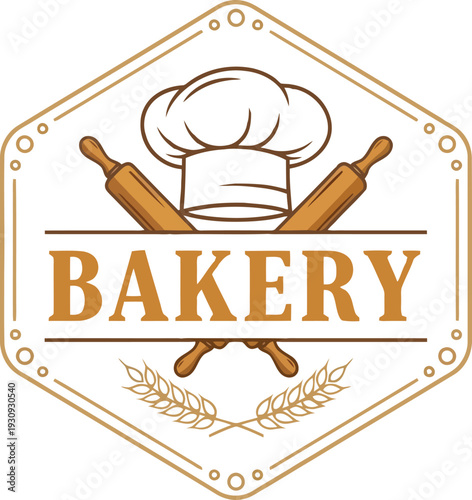 Vintage Bakery Logo with Chef Hat Crossed Rolling Pins and Wheat for Bread Pastry Shop Emblem Design
