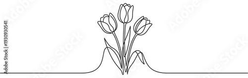 Three tulip flowers continuous line art drawing a beautiful minimalist floral design perfect for spring and nature concepts.