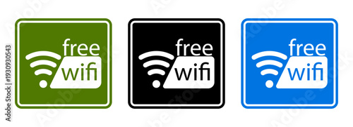 Wifi free password zone with a strong signal and cool vector icon, for logo sticker or sign symbol through router wave and wlan fi set. Round signage spot in a network area, featuring a label