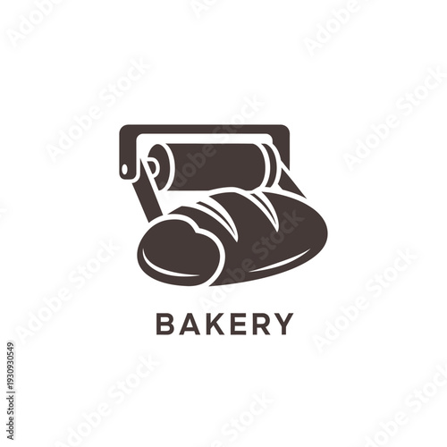 Bakery logo design featuring bread with a rolling pin, traditional baking symbol