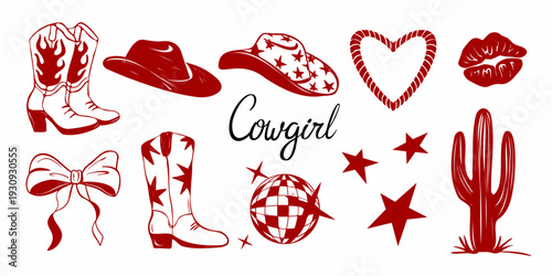 Hand drawn western cowgirl set with cowboy boots, hats, stars, bow and rodeo elements. Trendy wild west clipart vector illustration.