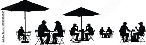 People Silhouette Cafe Table Outdoor Umbrella Restaurant Group Sitting Social Talk Coffee Vector