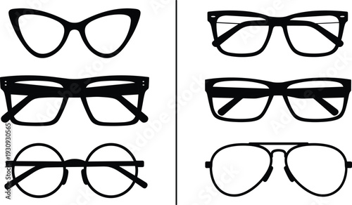 Set of silhouette eyewear icons including classic aviator round cat eye and rectangular glasses frames for optical fashion design and branding,