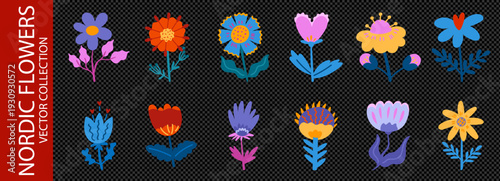 Flower nordic abstract with scandinavian folk botanical and illustration spring vector. Art pattern geometric with summer easter icon and floral set clipart. Collection ethnic flower.