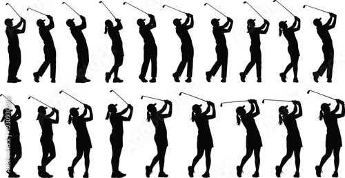 Set of silhouette golfer icons including male and female players performing professional golf swings for sports club branding and design,
