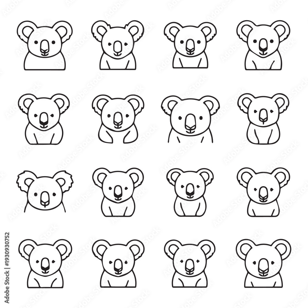 Naklejka premium Set of Cute Koala Icons Simple Line Art Various Expressions Isolated on White Background