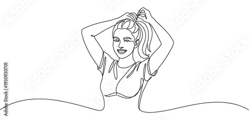 Young woman tying her hair into a ponytail, captured in a minimalist continuous line art drawing style, symbolizing beauty and simplicity.
