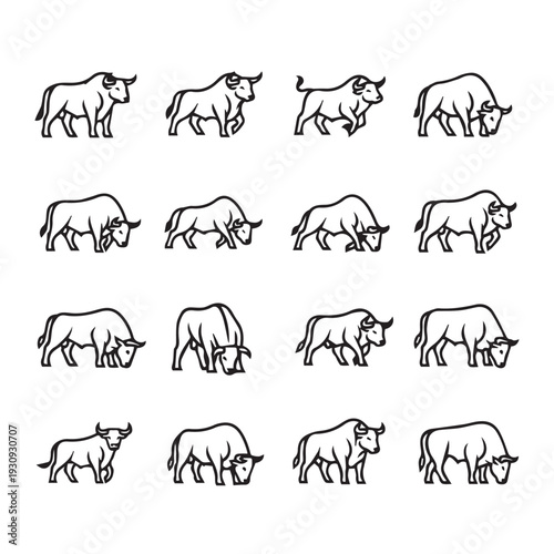 Set of Bull Icons Showing Different Poses and Movements Vector Graphics