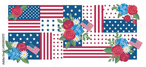 Patriotic floral flag pattern with stars and stripes forms a festive celebration design for national holidays.