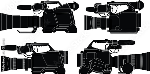Set of silhouette video camera icons including professional broadcasting gear and movie cinema equipment for media production and film design,