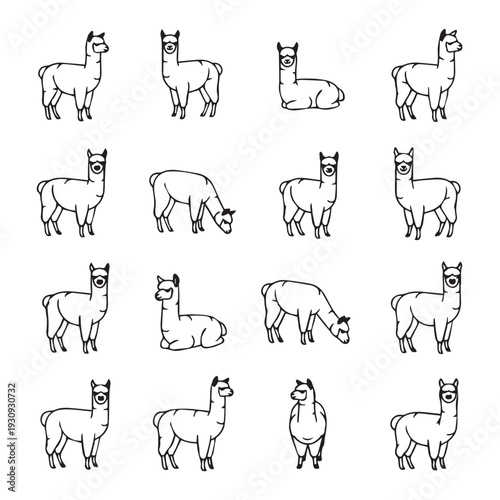 Set of Cute Alpaca Animal Icons in Various Poses and Activities Vector Flat Illustrations