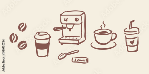 Coffee maker doodle icons with takeaway cups vector illustration