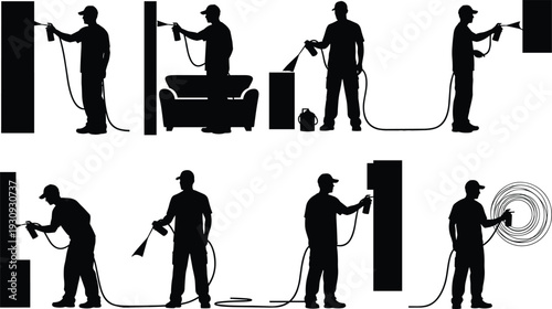 Set of silhouette worker icons including pest control technicians and professional cleaners spraying surfaces in various poses for industrial service design,
