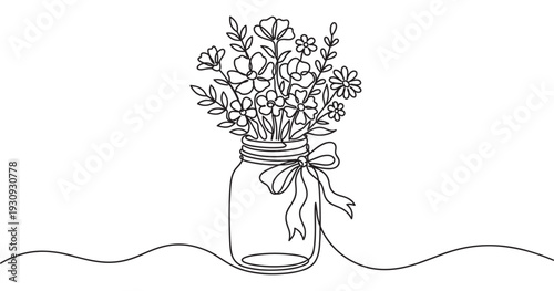 Continuous line drawing flowers in a mason jar with a decorative bow, symbolizing simplicity and natural beauty.