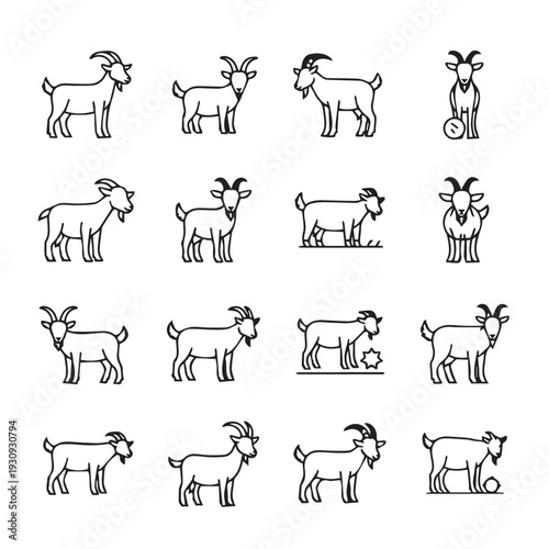 Set of Goat Icons Various Poses and Actions Line Art Style