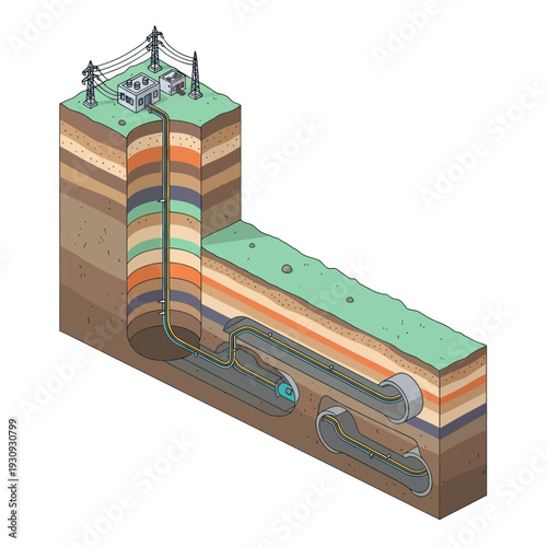 Underground infrastructure diagram showing layered earth and pipeline system.