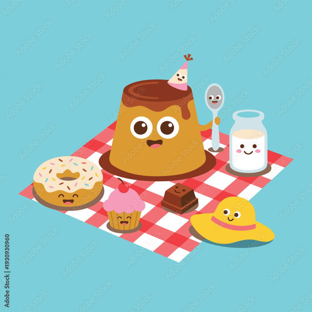 Naklejka premium Cute Kawaii Food Characters Having a Picnic.