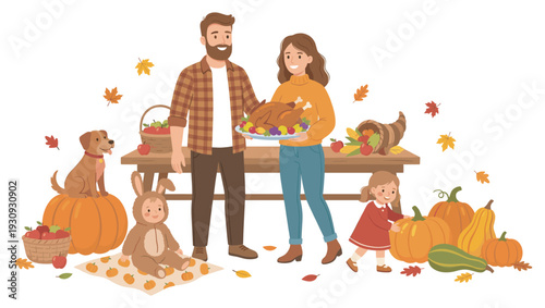 Joyful family enjoys autumn harvest celebration with delicious roasted turkey, surrounded by pumpkins, gourds, and colorful falling leaves.