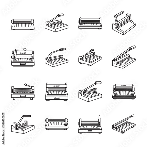 Paper Trimmer Guillotine and Rotary Cutter Collection Office Supply Icons Line Art