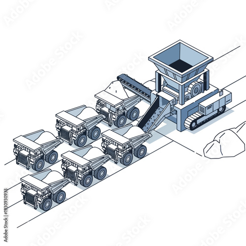 Isometric illustration of trucks loading material from a conveyor system.