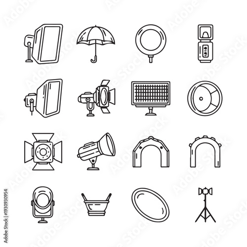 Photography Lighting Equipment Icons Set Studio Gear Line Art Vector Illustration