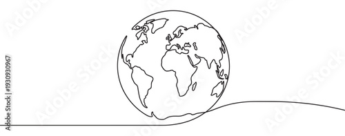 Earth globe world map continuous line drawing representing global connection and environmental sustainability concept.