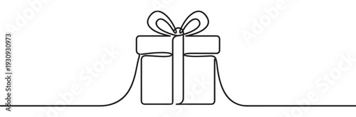 Continuous line drawing of a gift box with a decorative bow, symbolizing celebration, surprise, and special occasions.