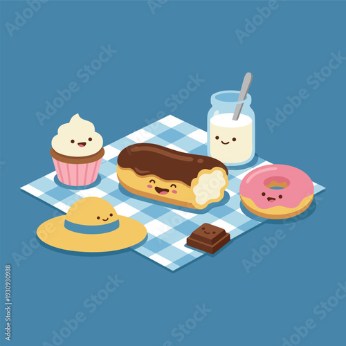 Cute Kawaii Food Picnic Illustration.