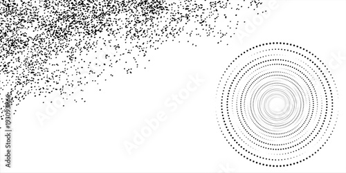 Black particles splash on a white background. Black powder dust scatters below art background abstract.