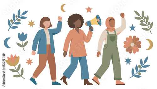 Diverse women marching together with raised fists and a megaphone, symbolizing unity, empowerment, and collective action for rights.