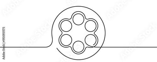 Revolver cylinder continuous line art illustration of a firearm component with six empty chambers, symbolizing risk and potential danger.