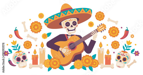 Smiling skeleton mariachi musician playing guitar surrounded by traditional Mexican Day of the Dead elements like marigold flowers, sugar skulls, and burning candles.