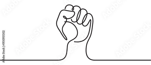 Single continuous line drawing of a clenched fist symbolizing strength, protest, and unity in a minimalist style.