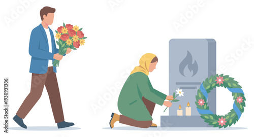 People visit a solemn memorial to pay respects, leaving flowers, lighting candles, and placing a commemorative wreath.