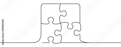 Three puzzle pieces connected by a continuous line illustrate the concept of problem-solving and collaboration in business.