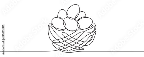 Bird's nest with eggs drawn in a continuous line art style, symbolizing new life, growth, and the joyful arrival of the spring season.