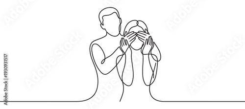 Man covering woman's eyes playing a surprise game, symbolizing connection, affection, and playful interaction between a couple.