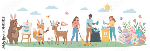 Cheerful spring season activities with animals and people participating in Easter preparations and environmental cleanup.