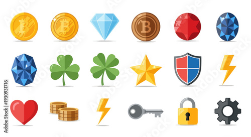 Collection of colorful vector icons: coins diamond clover star shield heart key padlock gear.