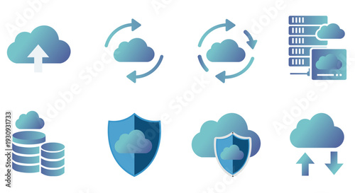 cloud computing icons representing data upload, synchronization, storage, and security