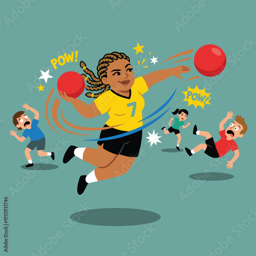 Energetic Dodgeball Game with Kids Playing and Throwing Balls.