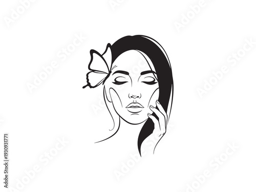 Serene woman with butterfly in hair enjoying peaceful moment.