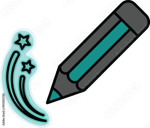 Cute glowing magic pencil icon with sparkle trail cartoon style creative drawing tool vector illustration isolated