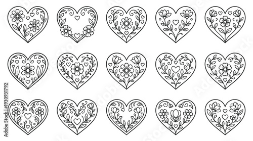 Decorative hearts with intricate floral patterns and small heart outlines creating a charming collection of love symbols.