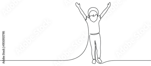 Continuous line drawing child with arms raised in triumph and joy, expressing happiness and freedom in a minimalist artistic design.