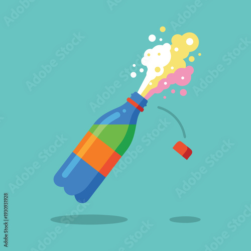 Exploding Soda Bottle with Colorful Liquid and Cap Flying Off.