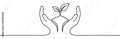 Human hands gently hold a small plant sprout with soil, symbolizing growth, care, and environmental protection.